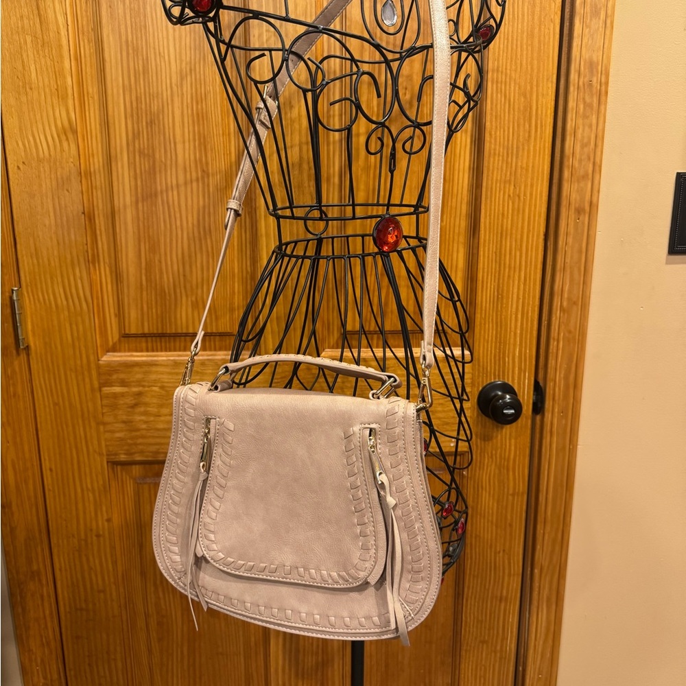 Urban Expressions Khloe Crossbody Bag Purse Taupe Vegan Leather Zipper Tassels